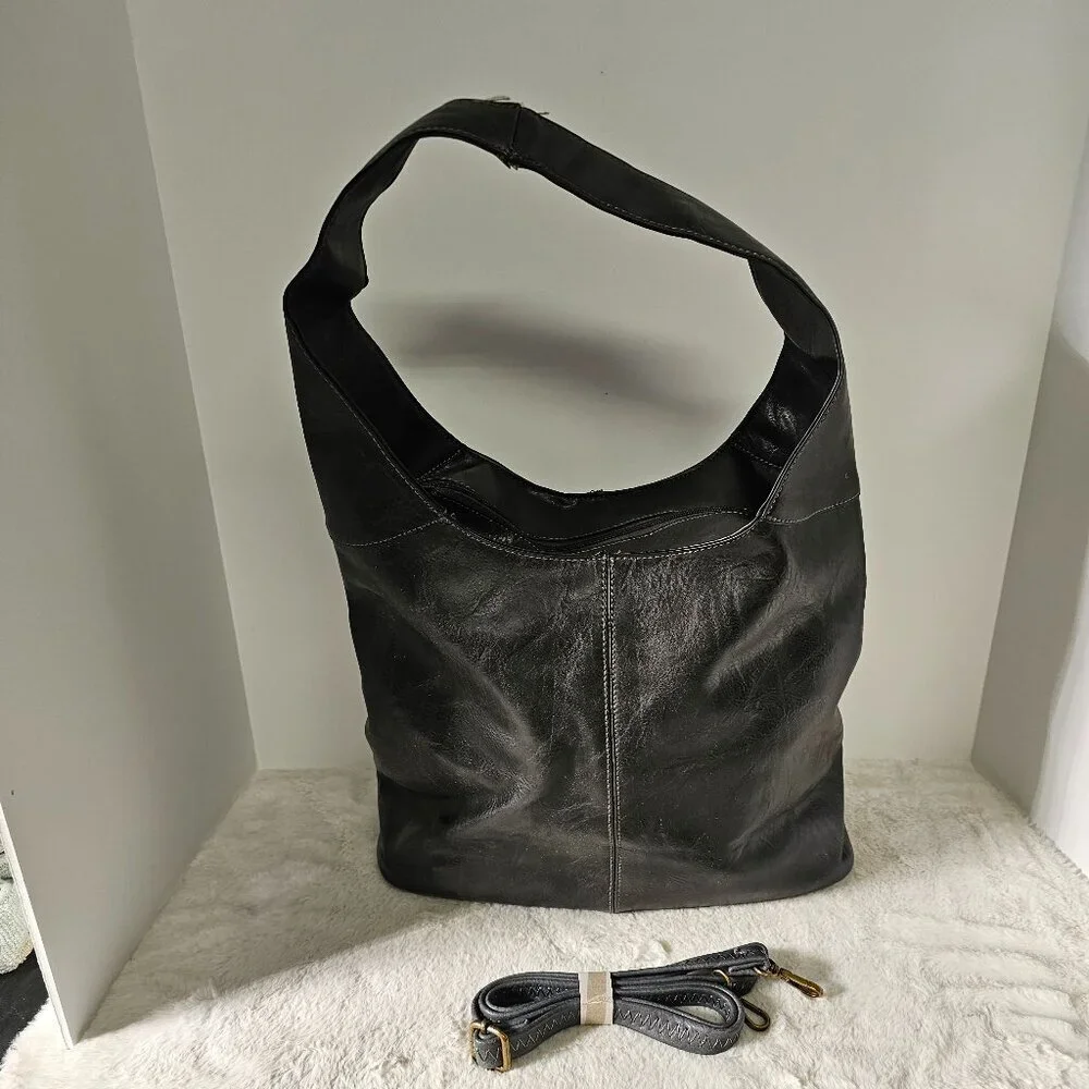 NWOT Black Gray Faux Leather Hobo Bag w/ Makeup Bag Crossbody